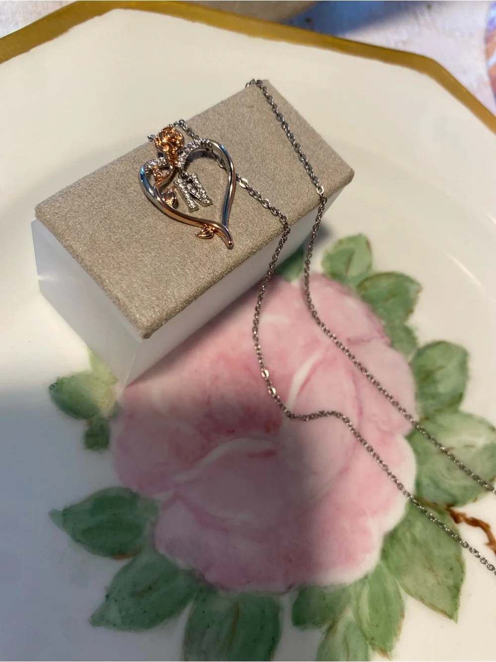 “N” Heart Pendant Necklace with Accent Stones-Silver & Rose Gold Initial